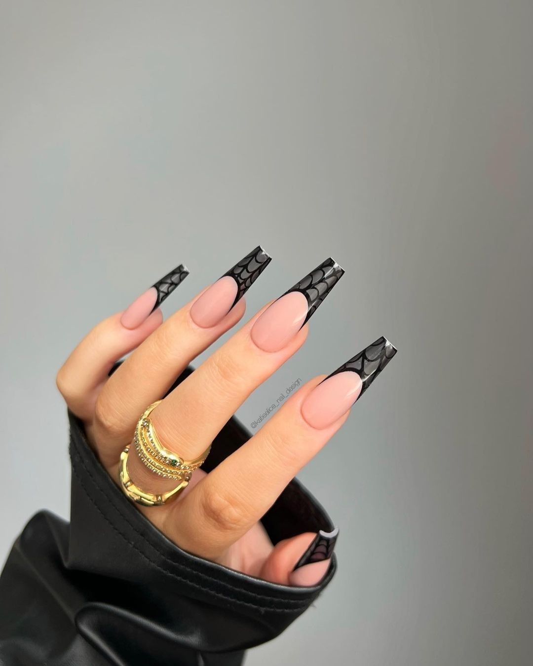 Black Spiderweb French Tip Coffin Nails