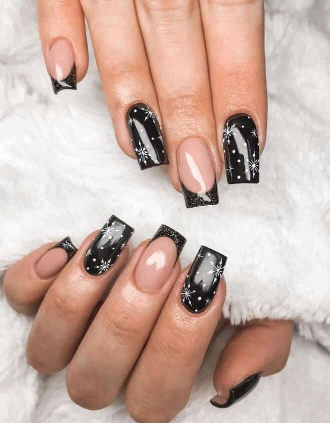 Black Square White Snowflake Nails