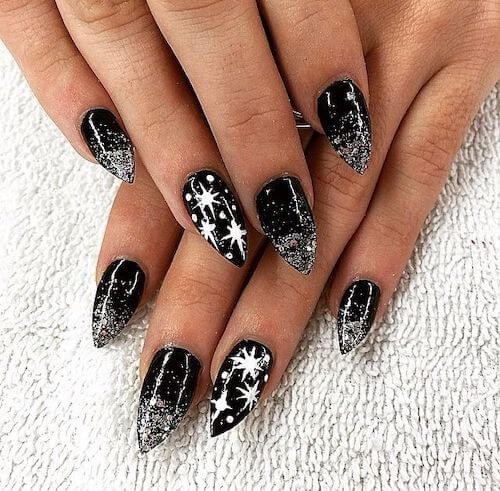 Black Stiletto White Starburst Nails