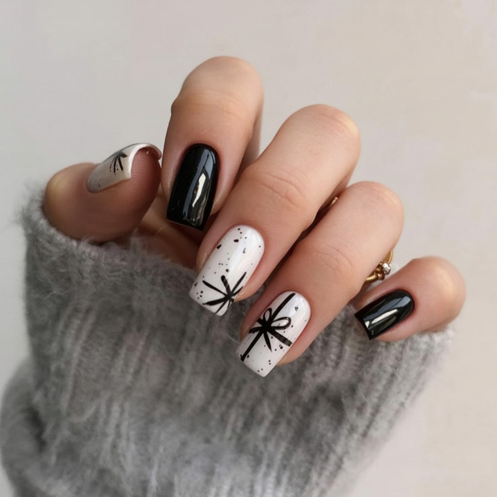 Black White Gift Wrap Square Nails