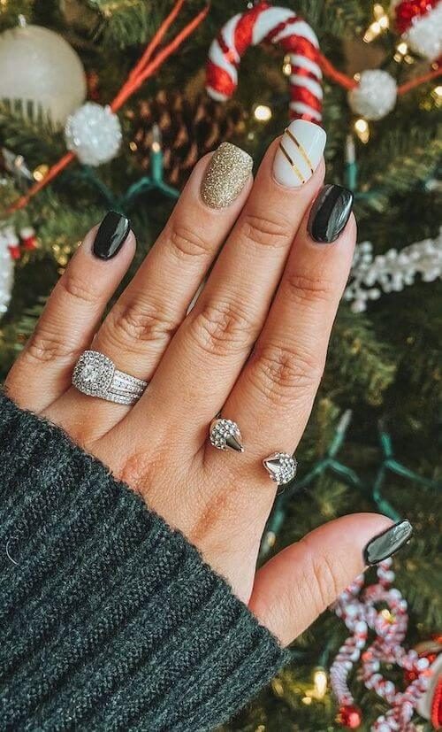 Black White Gold Short Nails