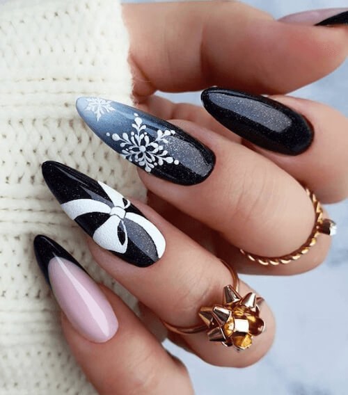 Black White Snowflake Pinwheel Nails