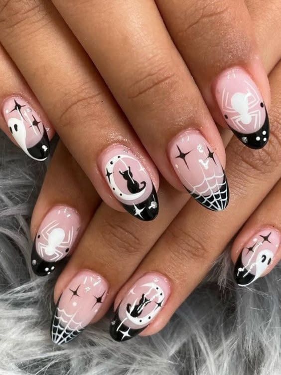 Black Cat On Moon And Spider French Tip Almond Halloween Nails