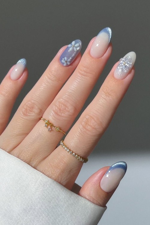 Blue Chrome Floral Nails