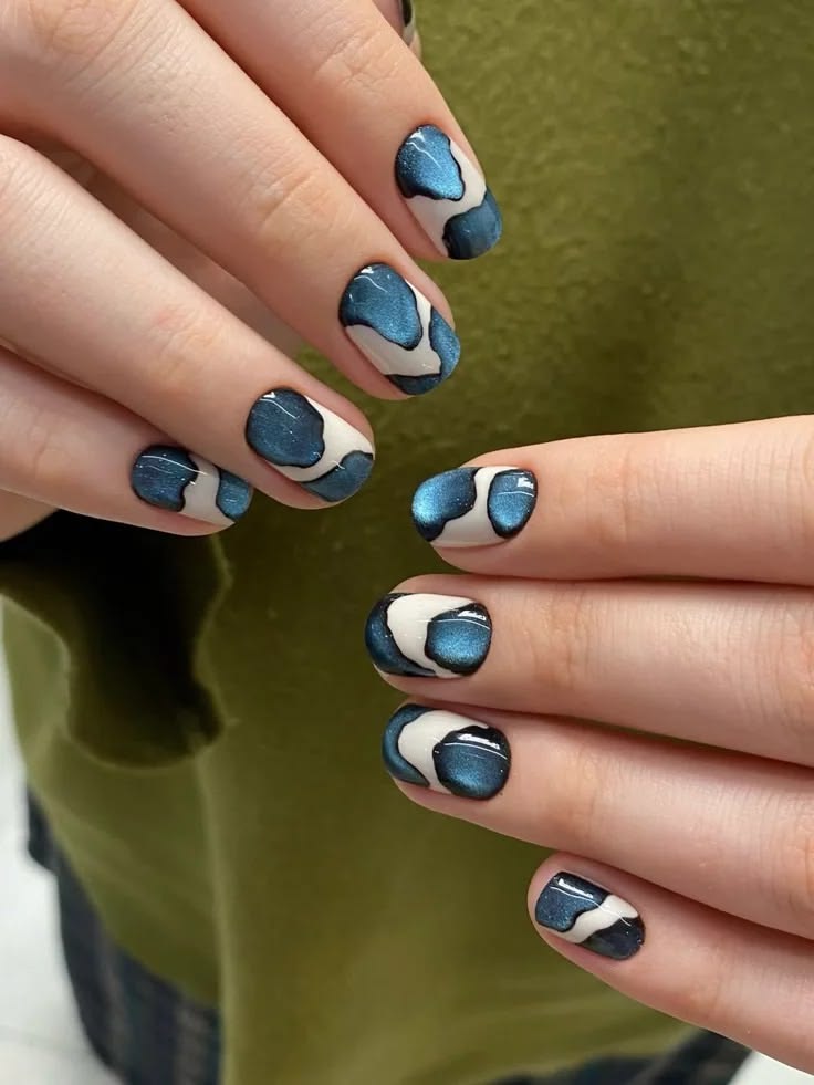 Blue Chrome Swirl Nails