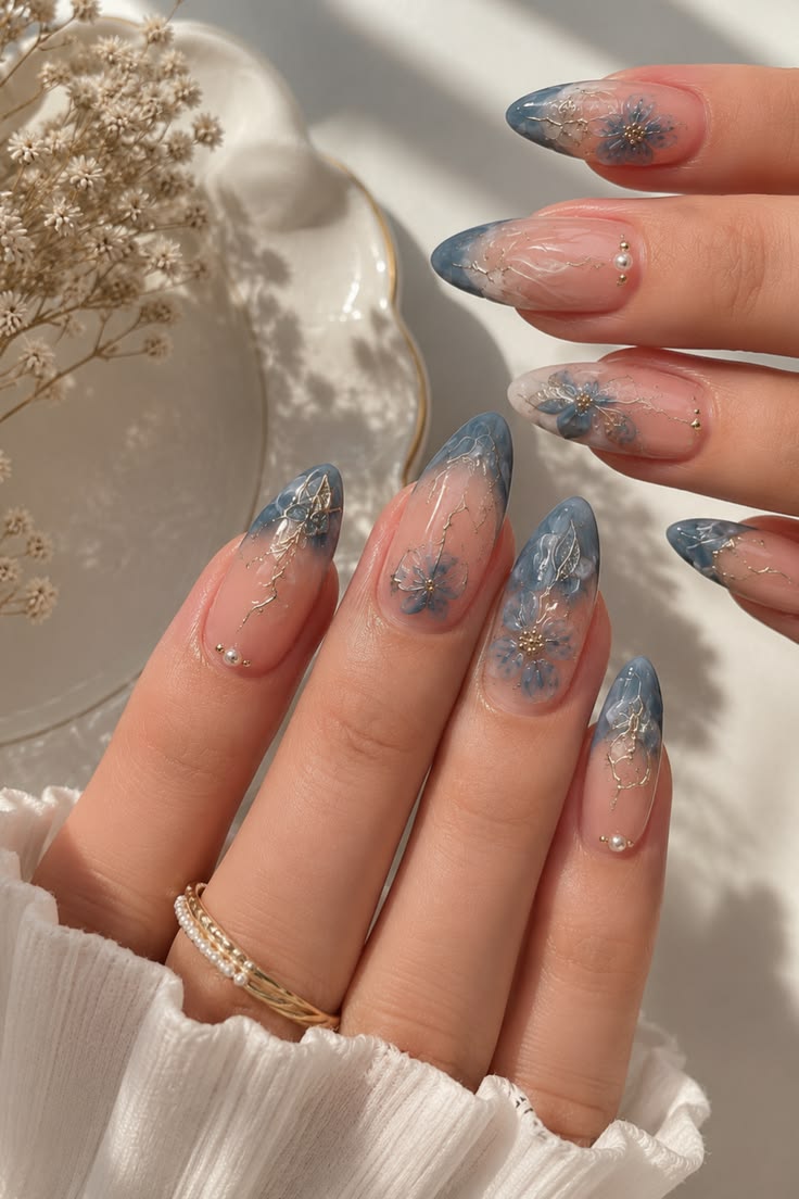 Blue Floral Glass Nails