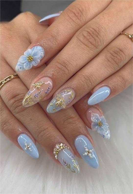 Blue Floral Nail Design