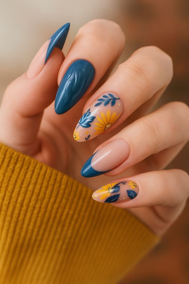 Blue Floral Nails