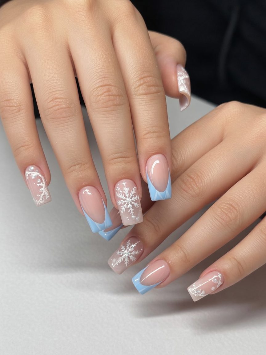 Blue French Snowflake Square Nails
