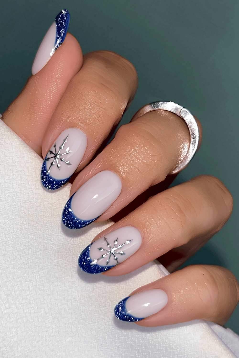 Blue Glitter French Snowflake Nails