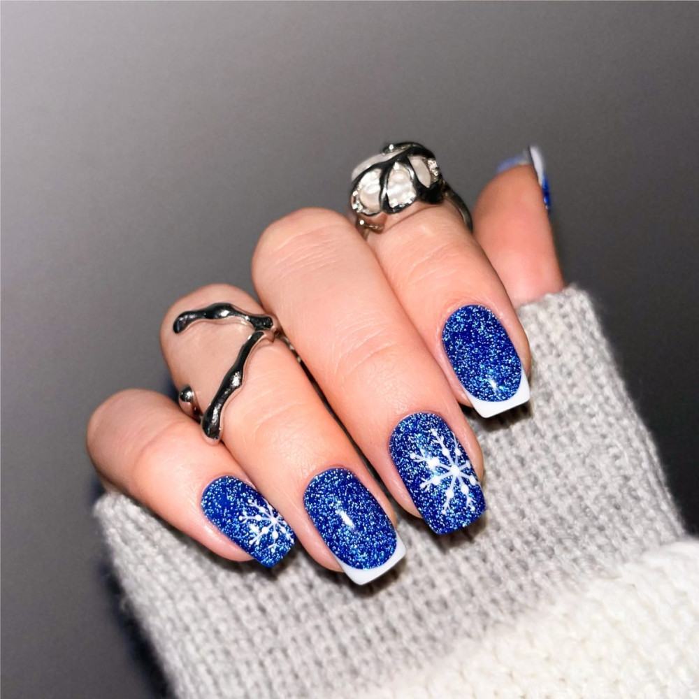 Blue Glitter Snowflake Nails
