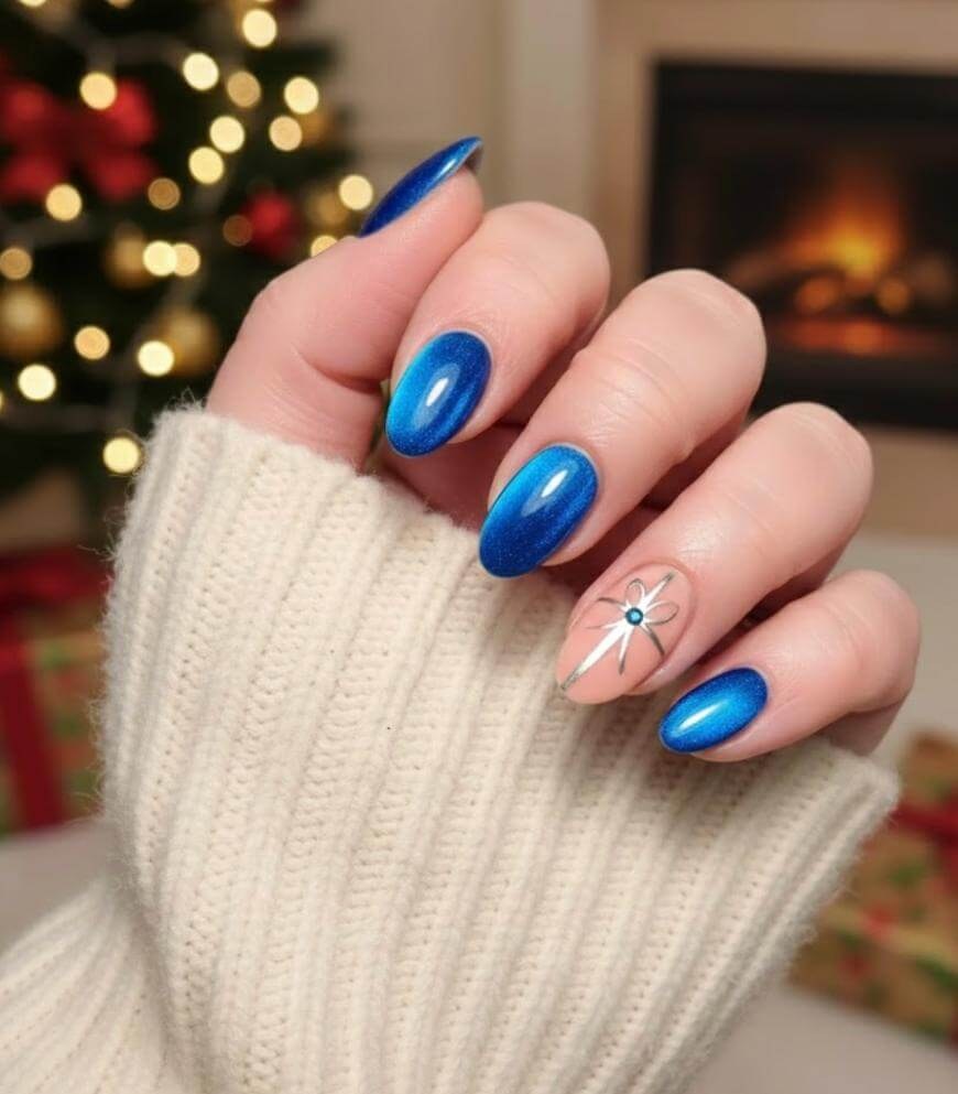 Blue Metallic Cat Eye Bow Winter Nails
