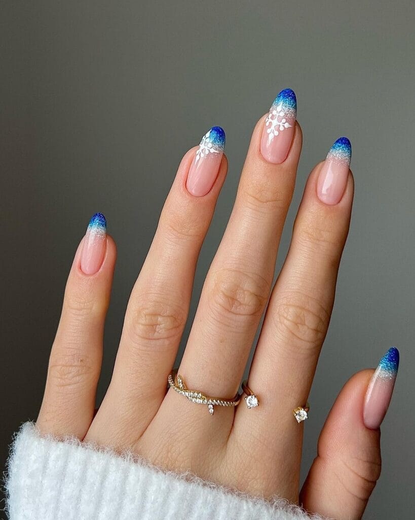 Blue Ombre Snowflake Almond Nails