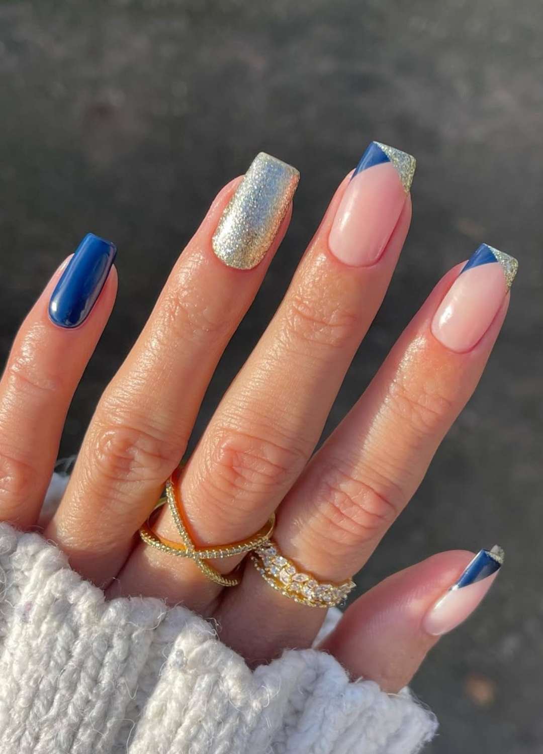 Blue Silver Glitter Holiday Nails