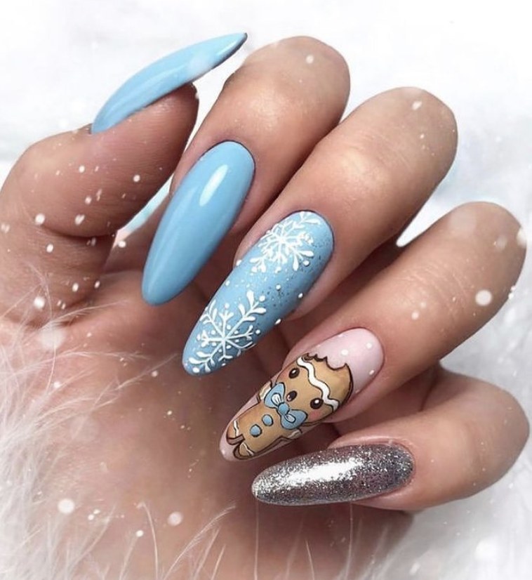 Blue Snowflake Gingerbread Winter Nails