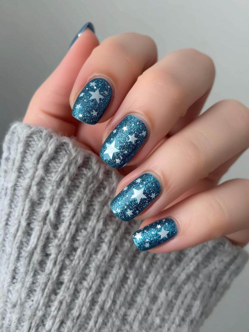 Blue Star Glitter Nails