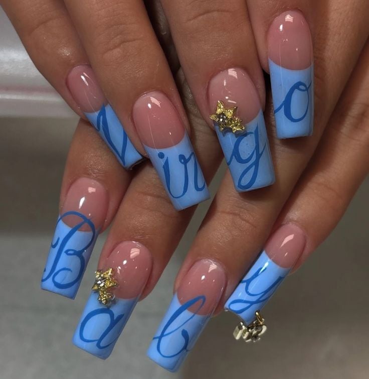 Blue Virgo Symbol Nails