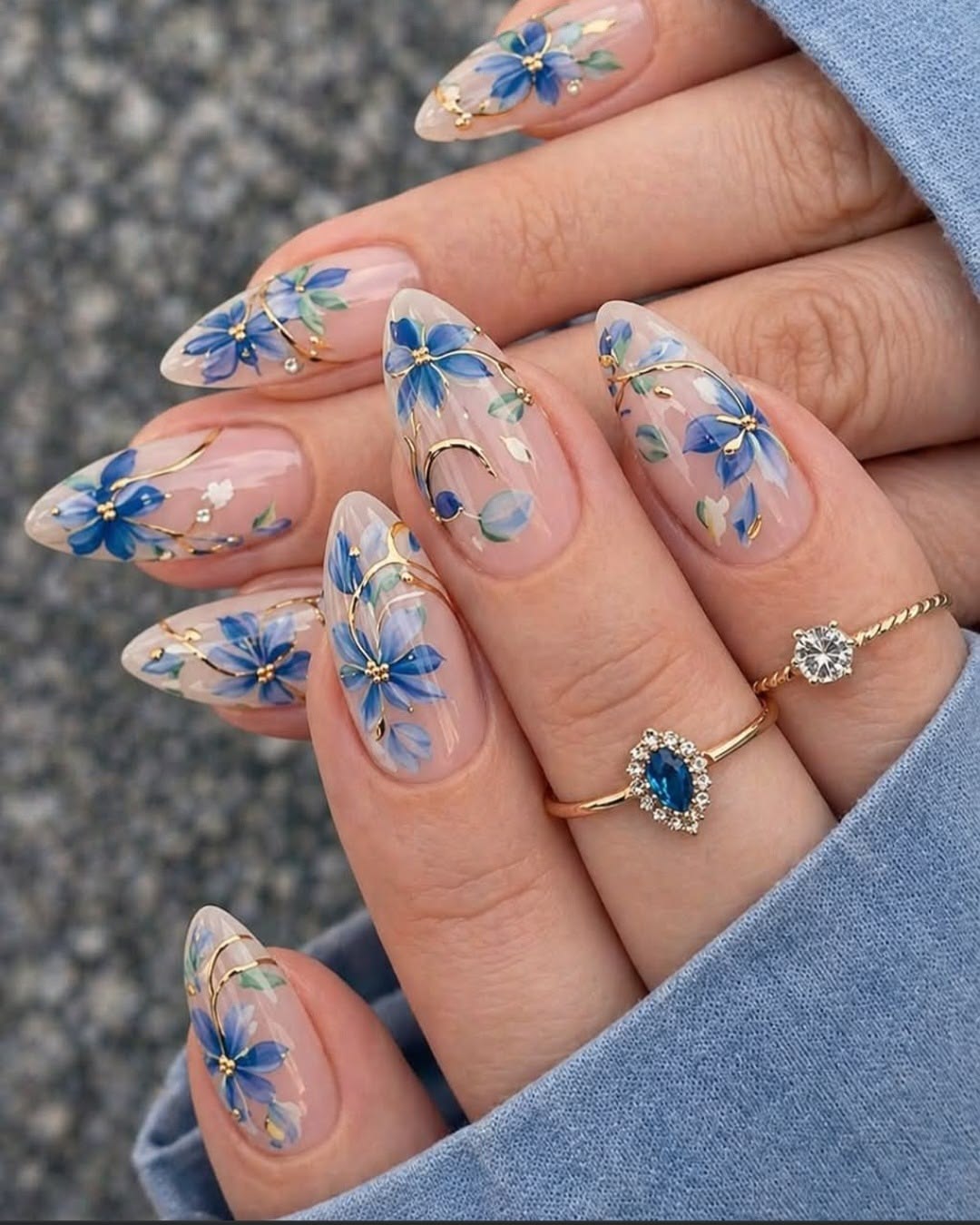 Blue Watercolor Botanical Nails