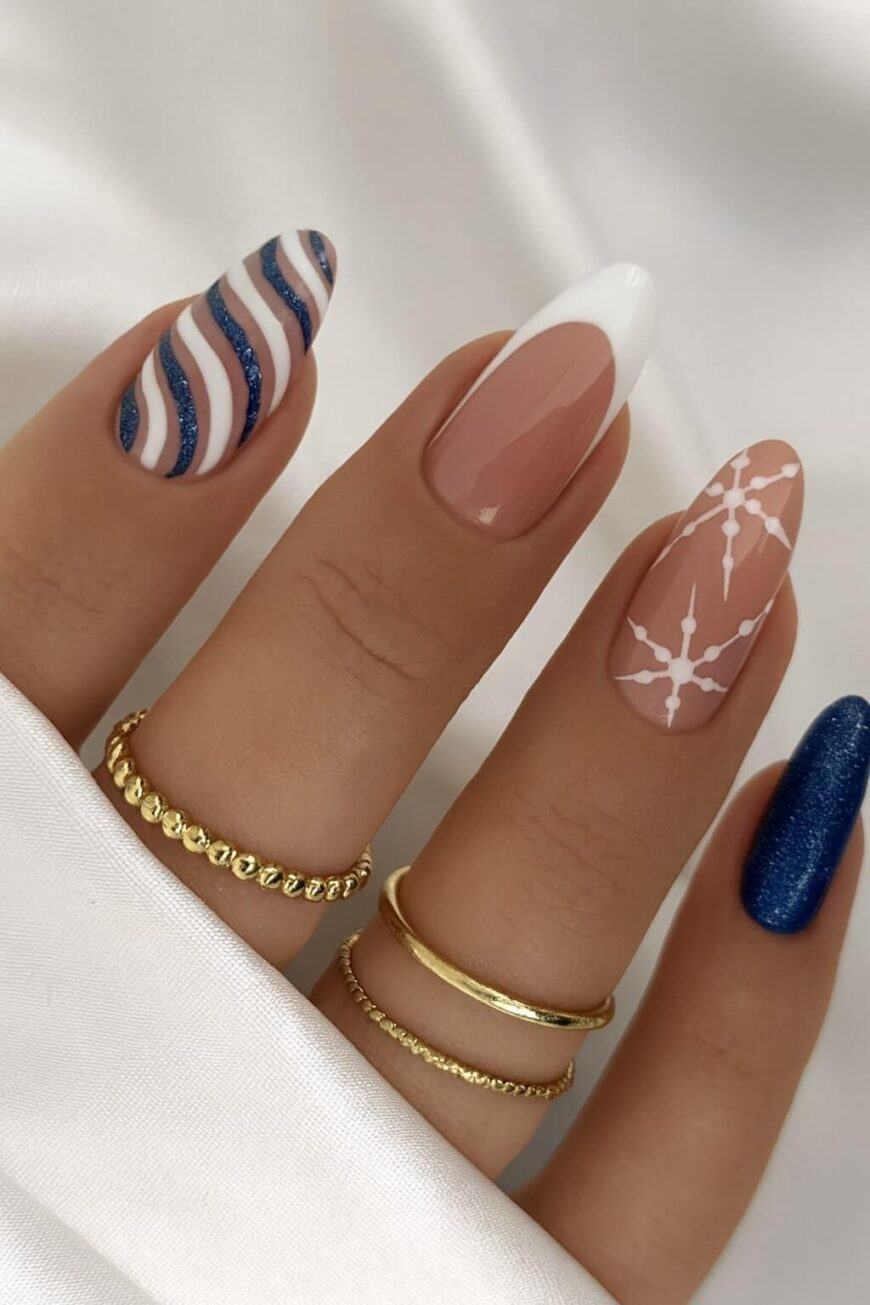Blue Wavy Snowflake Winter Nails
