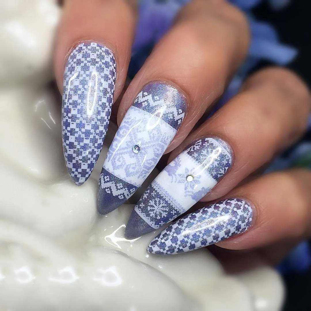 Blue White Nordic Stiletto Sweater Nails