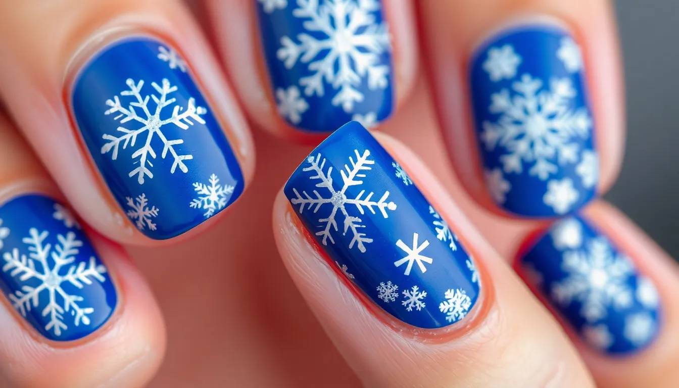 Blue White Snowflake Short Nails