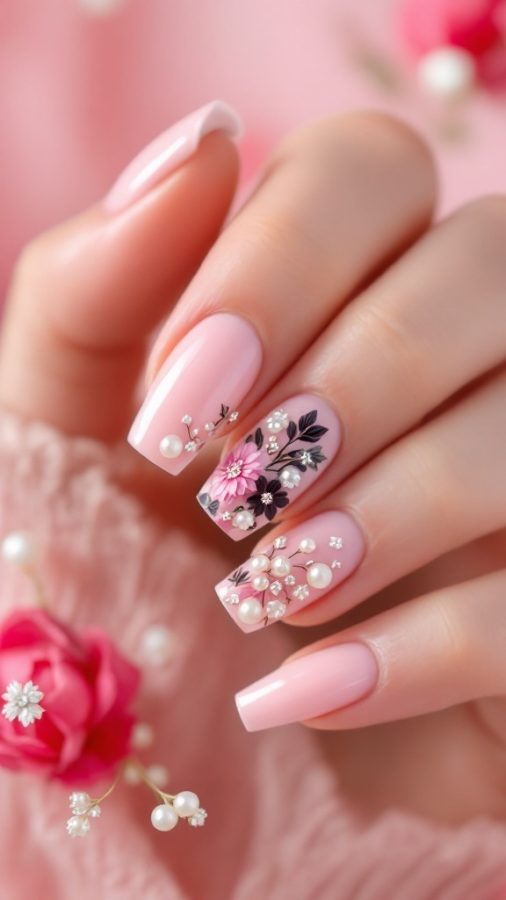 Pearl embellished bridal nail designs 2025 - elegant nude base with pearl French tips and crystal embellishments for luxurious wedding nails