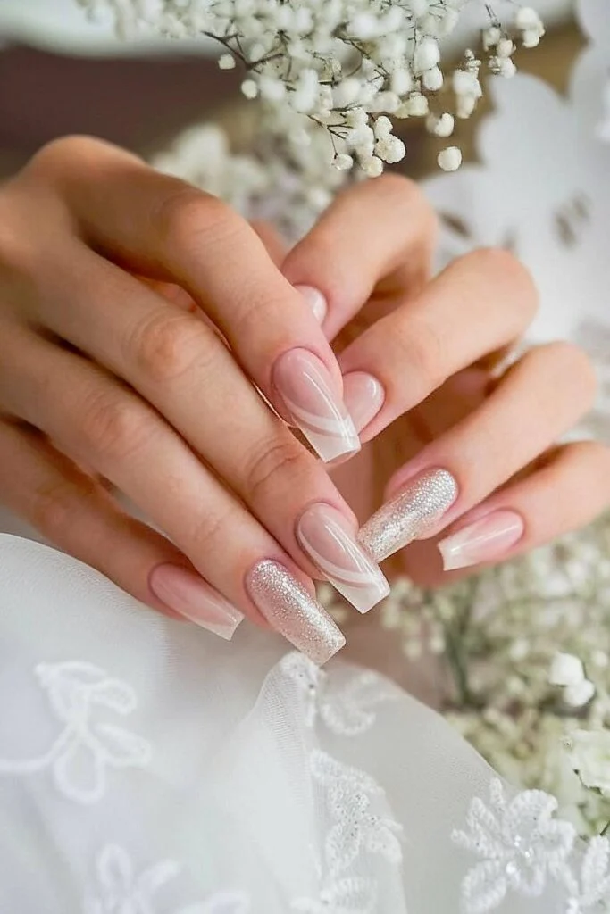 Romantic bridal nail designs 2025 - dreamy blush pink and ivory ombre with delicate heart patterns and soft glitter for romantic wedding manicures