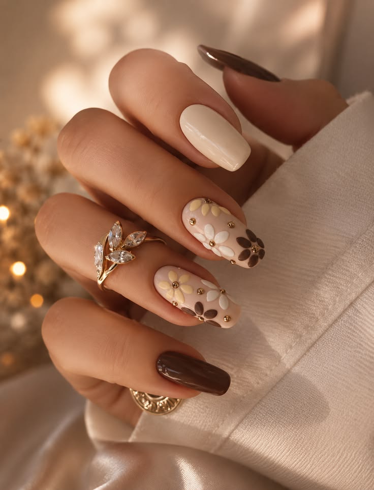 Brown & Cream Floral Nails