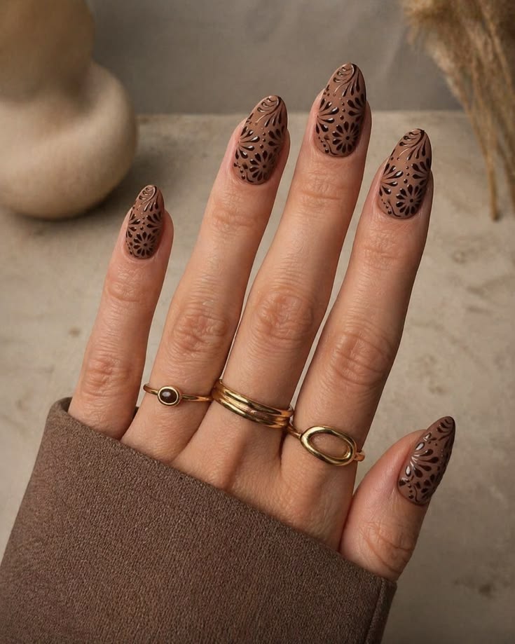 Brown Floral Nails