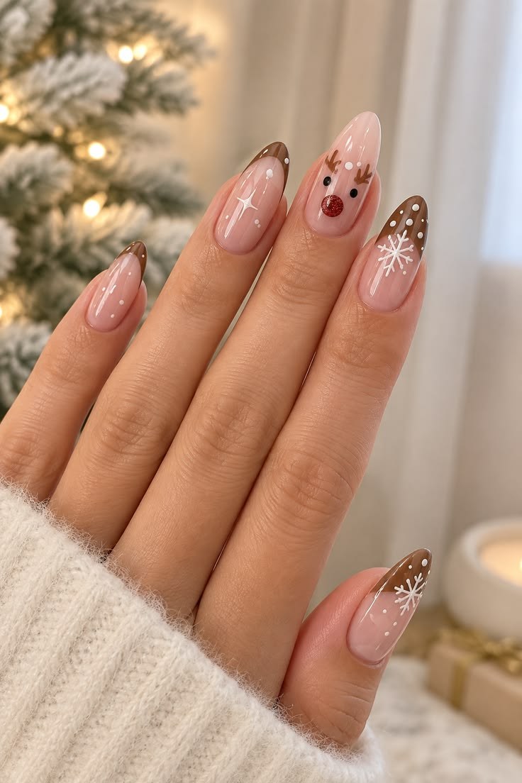 Brown French Reindeer Cute Nails
