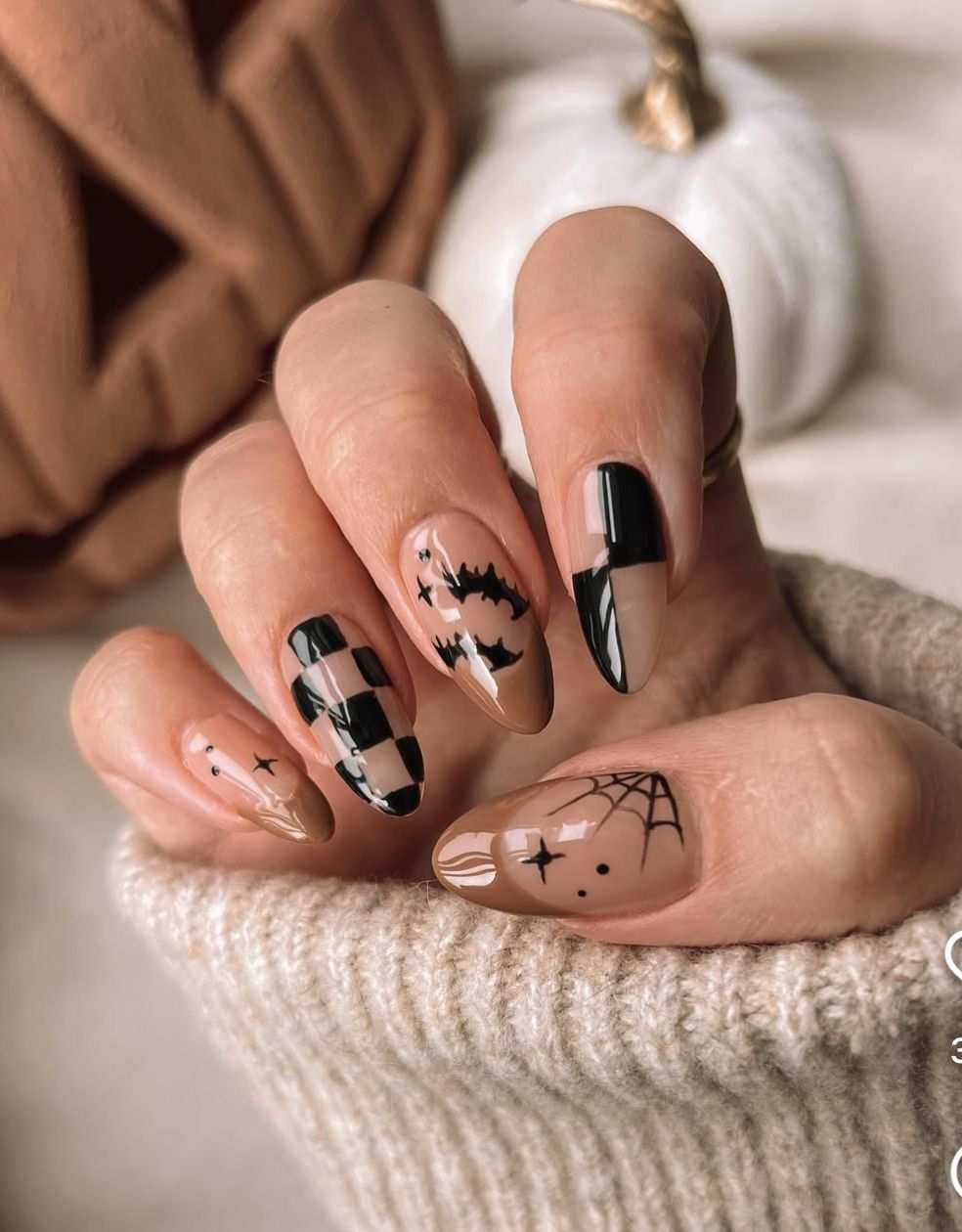 Brown French Tip Checkerboard And Bats Halloween Almond Nails