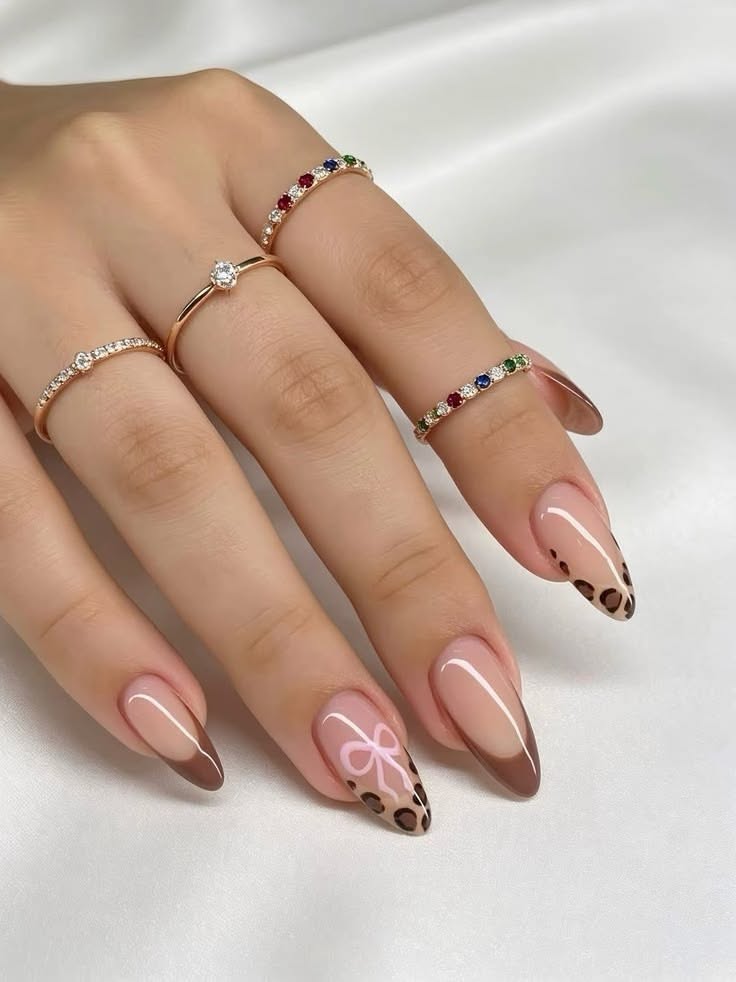 Brown Leopard Bow French Tip Almond Nails