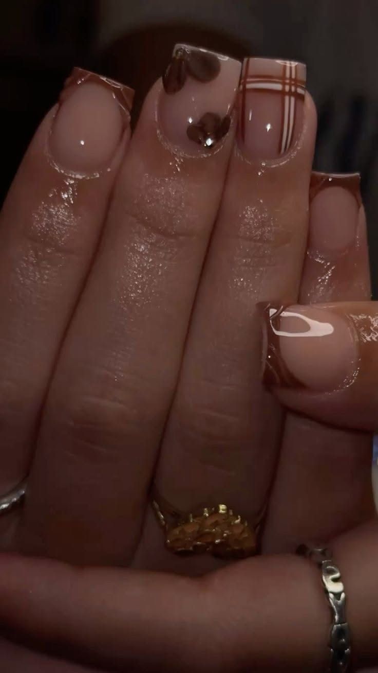 Brown Plaid And 3d Flower French Tip Fall Nails