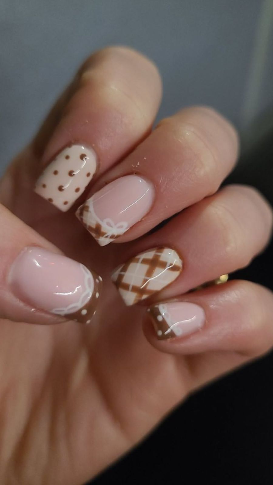 Brown Plaid And Lace French Tip Fall Nails