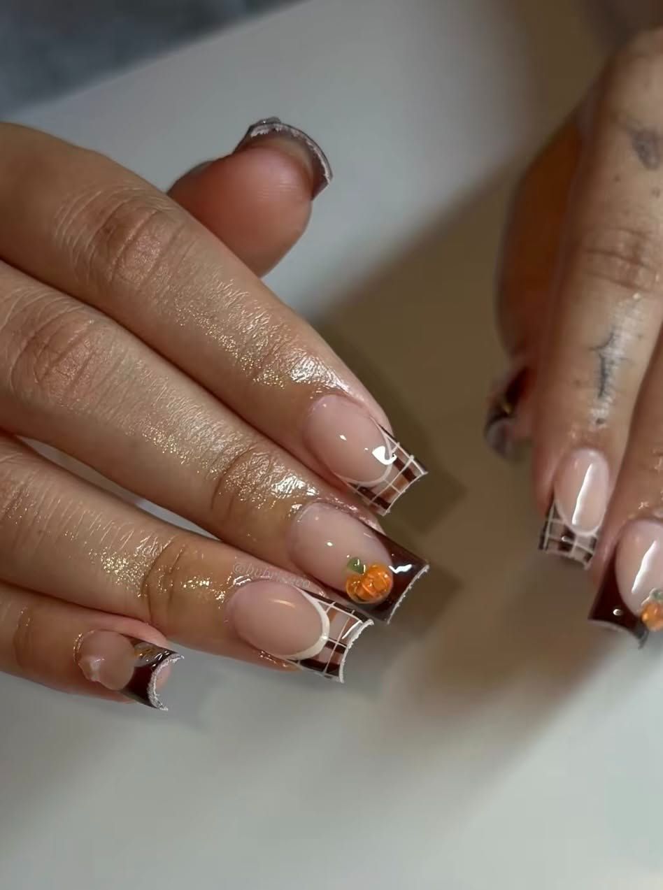 Brown Plaid French Tip With Pumpkin Fall Nails