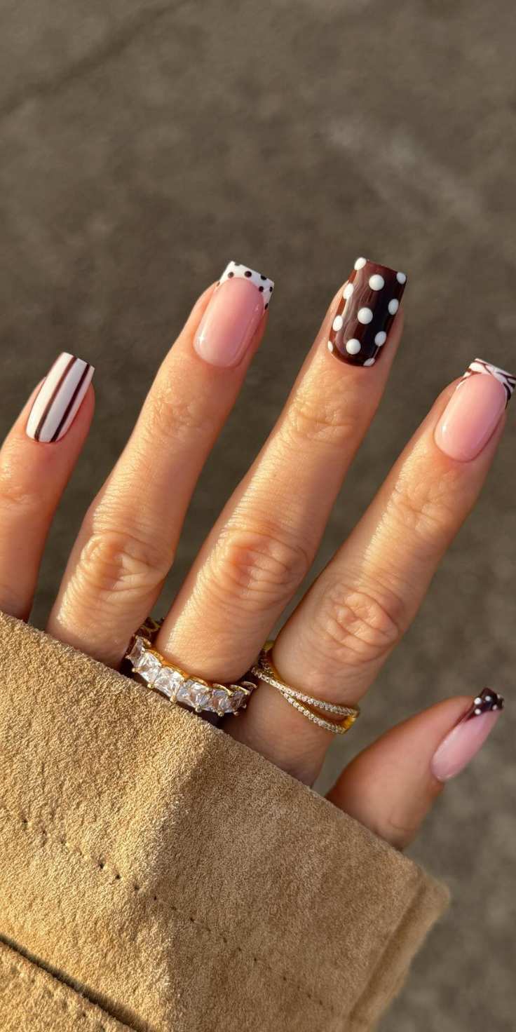 Brown Polka Dot And Vertical Stripes Square Fall Nails