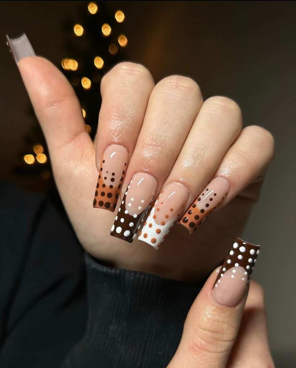 Brown Polka Dot Gradient French Tip Fall Nails