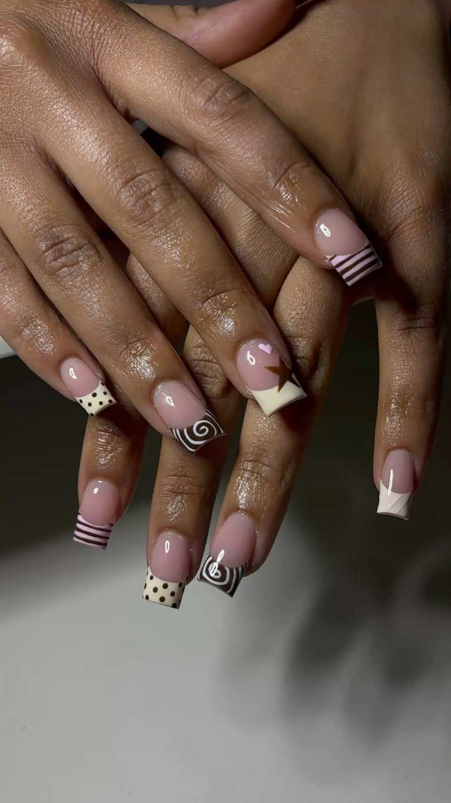 Brown Swirl Polka Dot And Star French Tip Fall Nails