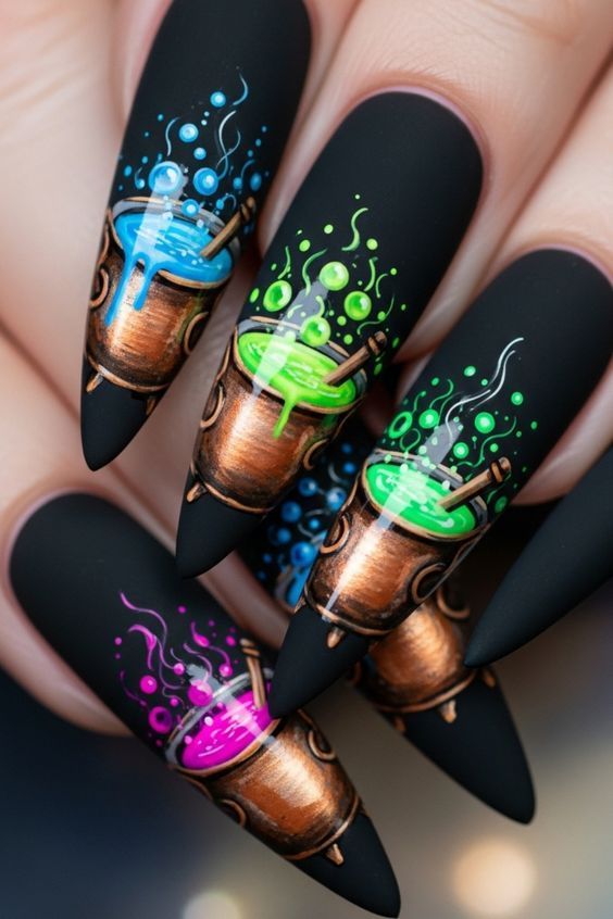 Bubbling Witch Cauldron Stiletto Witchy Halloween Nails