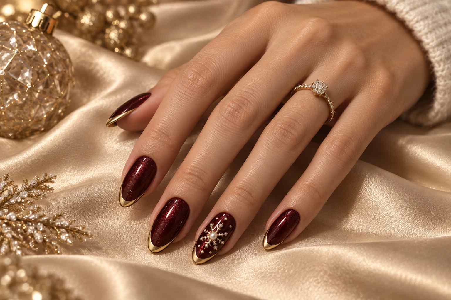 Burgundy Almond Gold Tip Nails