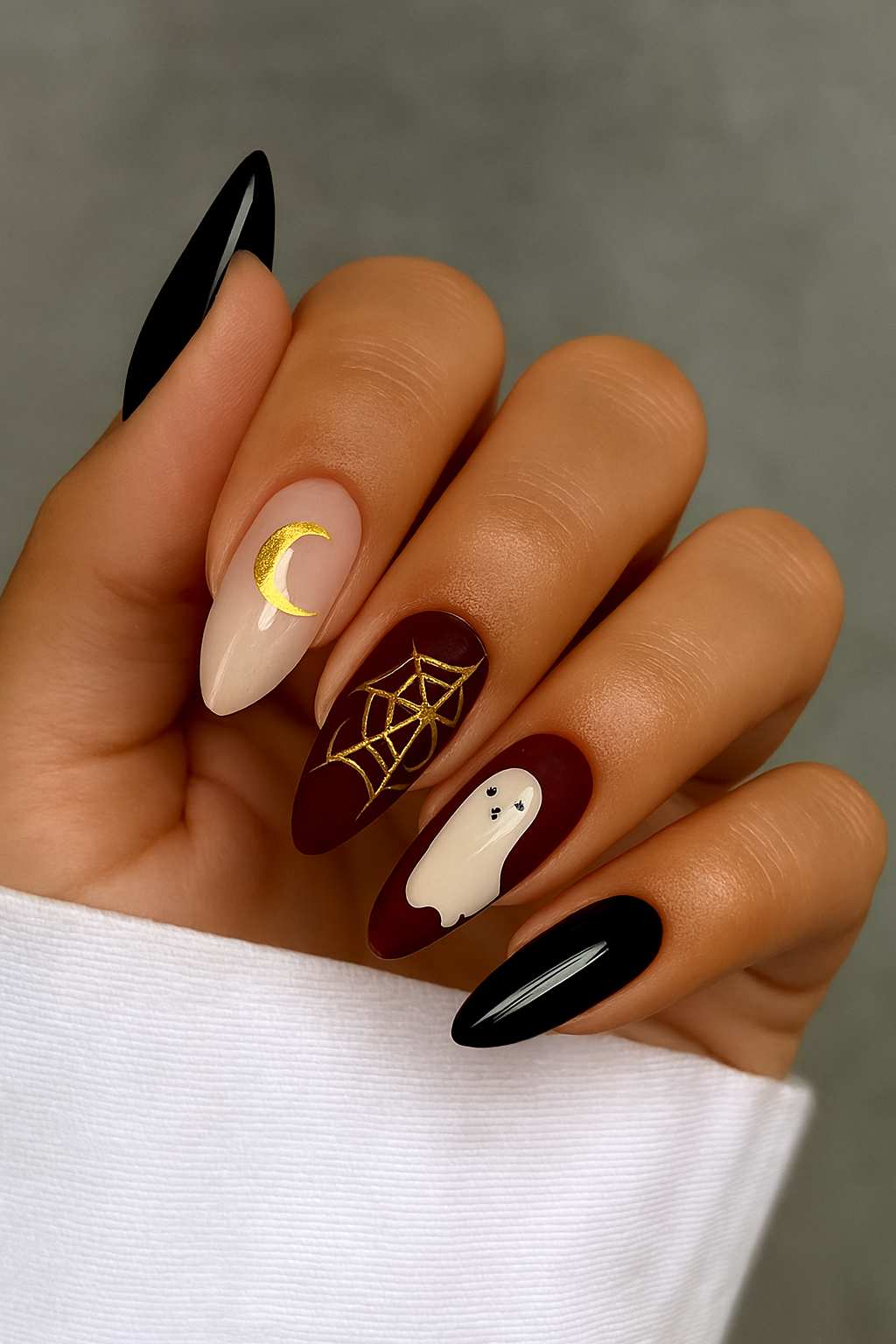 Burgundy And Gold Spiderweb Ghost Halloween Nails