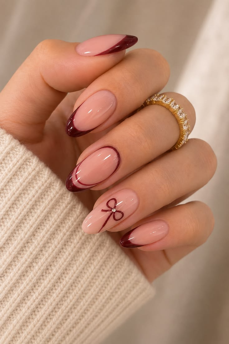 Burgundy Bow French Tip Nails