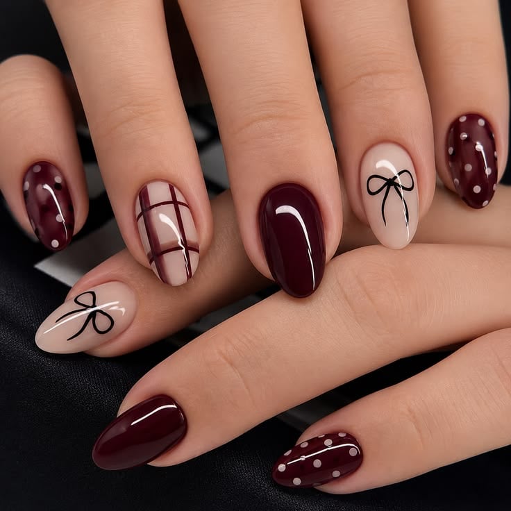 Burgundy Bow Nails