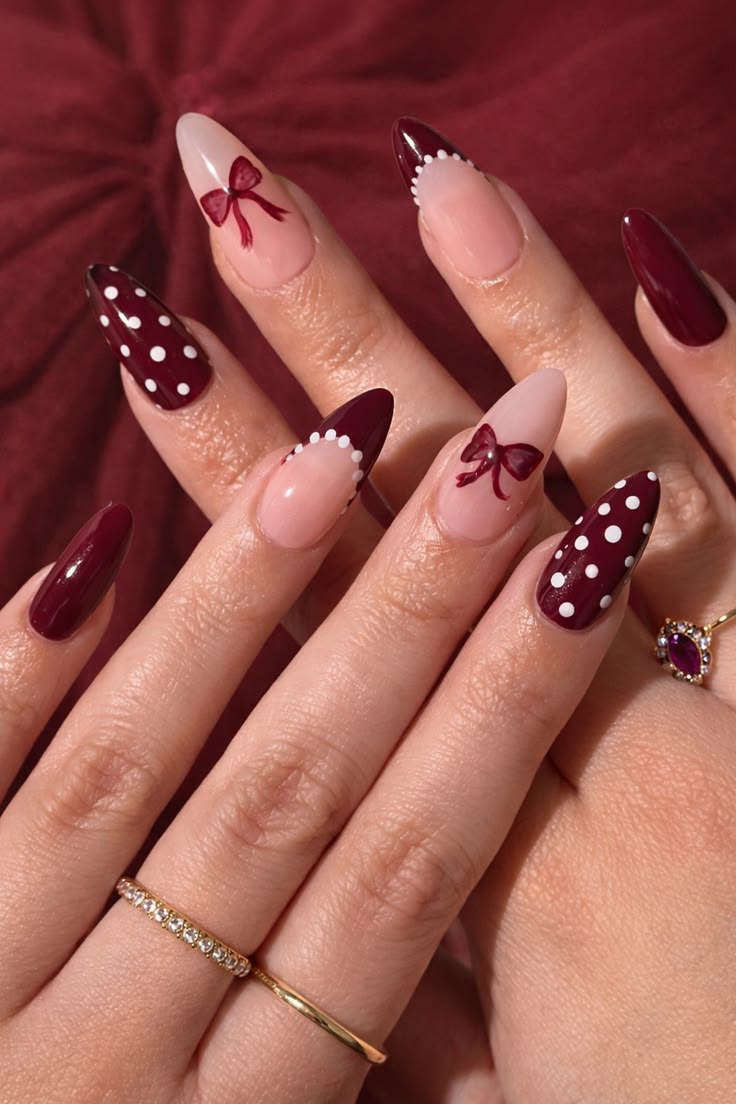 Burgundy Bow Nails Design