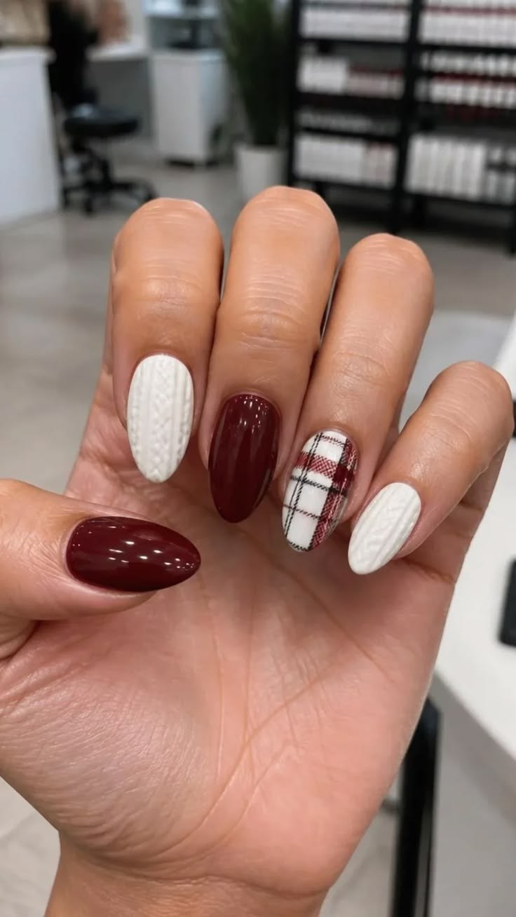 Burgundy Cable Knit Plaid Sweater Nails