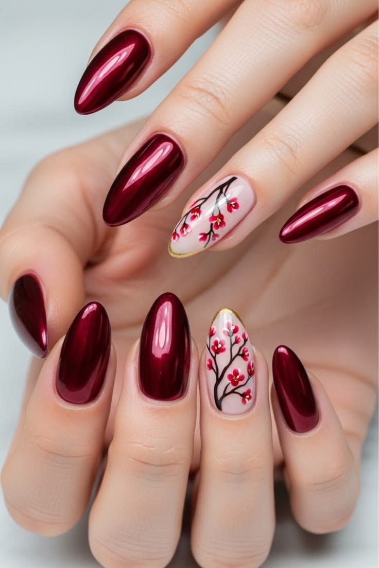 Burgundy Chrome Floral Nails