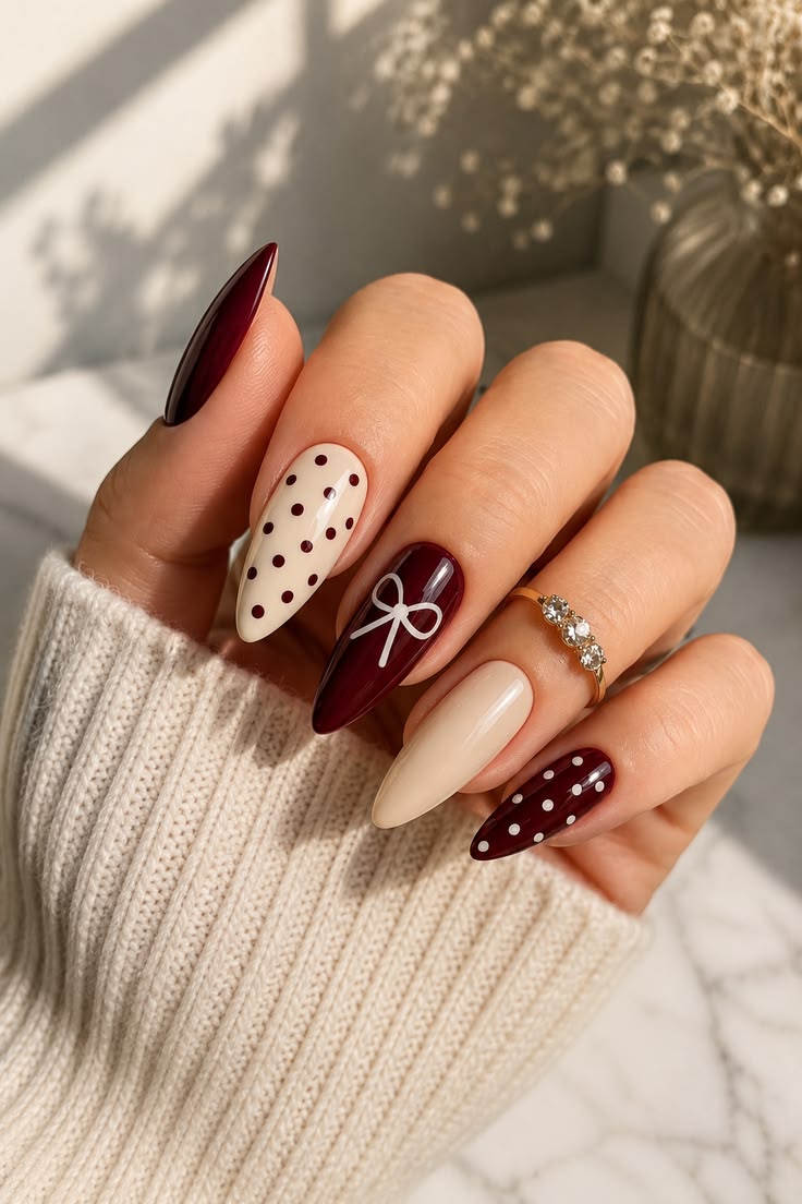 Burgundy & Cream Bow Nails