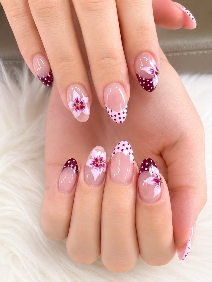 Burgundy Floral French Tip Nail Design