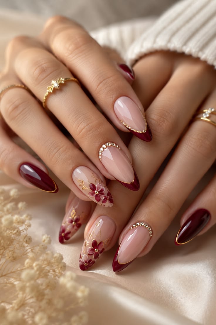 Burgundy Floral French Tip Nails