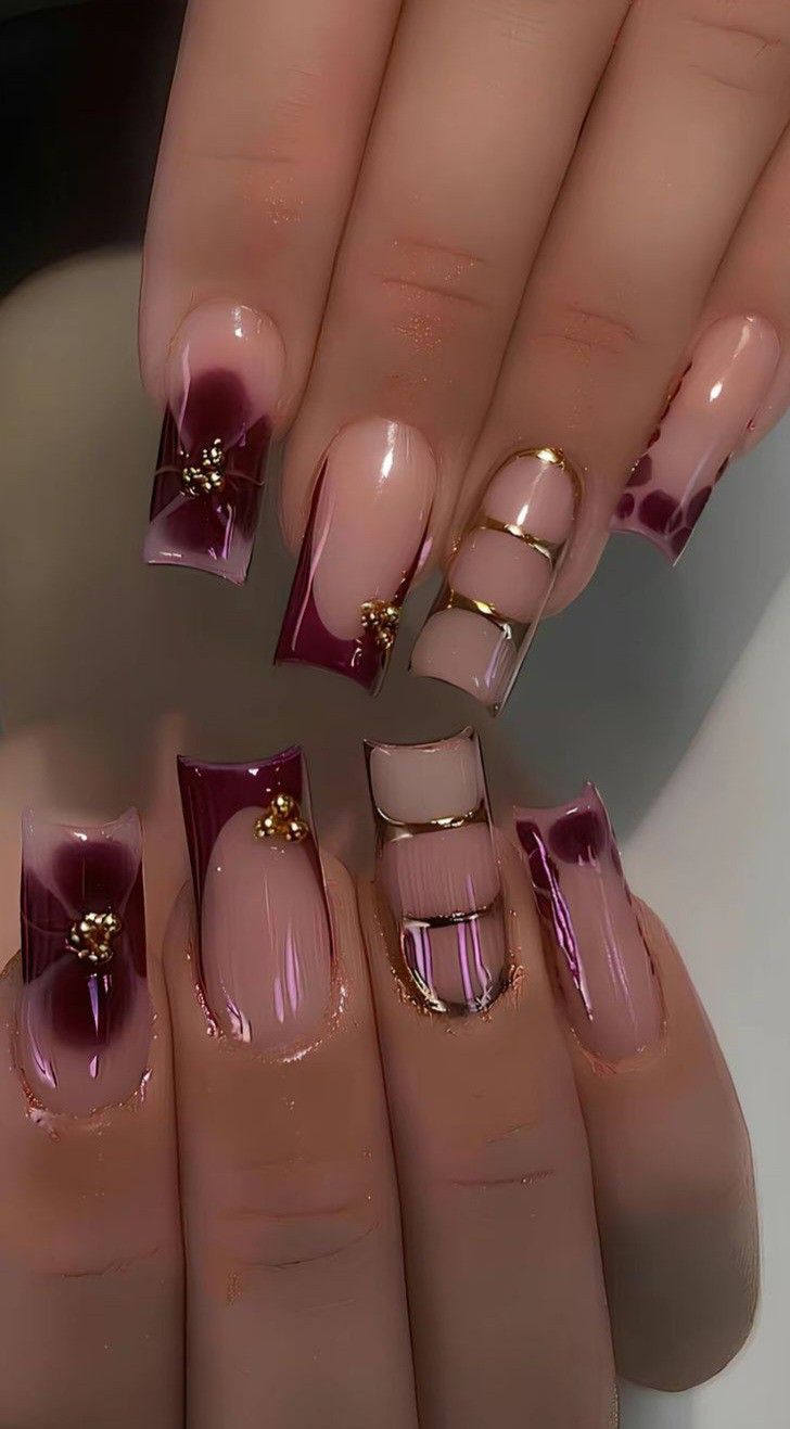 Burgundy Flower Nails